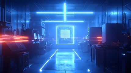 AI-powered quality control system in a food factory, laser beams highlighting contamination points, the scene bathed in blue neon lights, cyberpunk, ultra-detailed