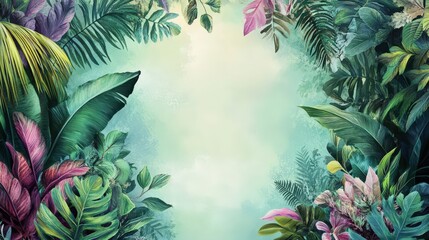 Botanical Round Frame with Vibrant Foliage and Colorful Plants on Pastel Background