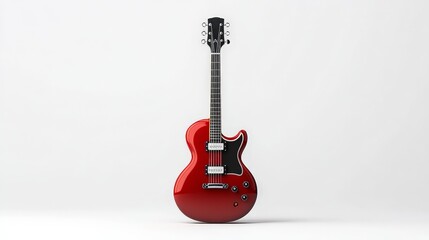 Fototapeta premium Red Electric Guitar: A classic electric guitar, gleaming in crimson red, stands poised against a pristine background. Its sleek lines and shiny finish whisper tales of rock and roll.