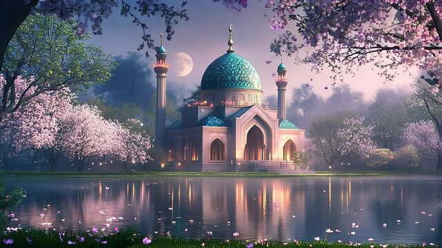 Seamless Looping Beautiful Mosque at Night with Cherry Blossoms