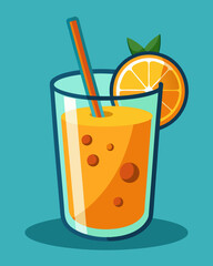 Vector illustration of a glass of orange juice with orange slice and a straw. stock illustration