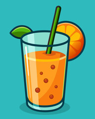 Vector illustration of a glass of orange juice with orange slice and a straw. stock illustration