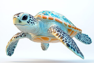 Fototapeta premium Cute Sea Turtle Swimming: A sea turtle in mid-swim against a white background