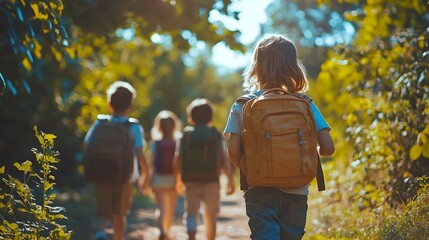 Fototapeta premium Cheerful children heading to school with backpacks, diverse boys and girls, sunlight and greenery, inclusive education message, bright and uplifting