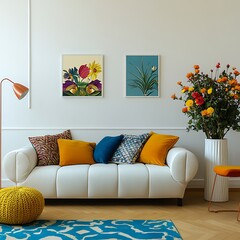  Stylish sofa setup with bold cushions and fresh flowers, creating a cheerful and inviting atmosphere. Mock up poster frame. 