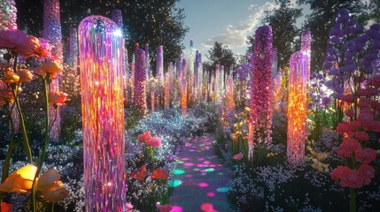Enchanting Holographic Garden of Vivid Colors and Intricate Patterns for Artistic Wonder in Nature