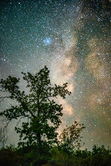 Space with galaxy . Milky way on the blue sky .Dark and cold night at summer . Trees on the backgound with stars . Power lines in the night , powerstation and galaxy