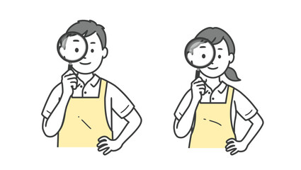 虫眼鏡を持つ介護士男女の上半身イラスト
