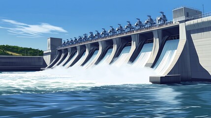 Hydroelectric Dam with Water Flowing Over