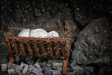Manger with baby and hay on stones, closeup