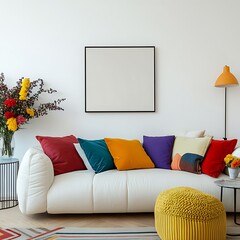  Stylish sofa setup with bold cushions and fresh flowers, creating a cheerful and inviting atmosphere. Mock up poster frame. 