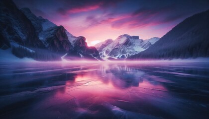 A frozen lake reflecting the pink and purple hues of a winter sunset, with snow-capped mountains in the background and soft mist rising from the ice.