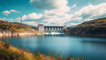 Obraz premium Dam Overlooking a Serene Lake with Fluffy Clouds