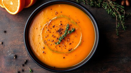 Bowl of tomato soup or pumpkin cream with thyme, olive oil and pepper on beautiful dark wooden background, top view with space for text or inscriptions, autumn dish