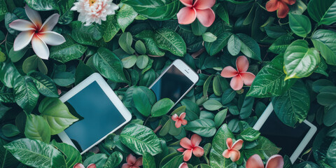 A creative flat lay of tech gadgets intertwined with natural elements like flowers and leaves