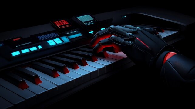 Robotic Pianist: A futuristic synth plays a haunting melody under the glow of neon lights. A robotic hand delicately caresses the keys, composing a symphony of innovation. 