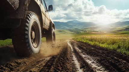 Off-road vehicle driving on a marshy dirt road with mud against the background of mountains, view and close-up of the wheels from below with space for text or inscriptions, 4x4 and extreme mountain dr