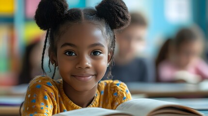 Black schoolgirl engaged in reading, sitting at her desk in an inclusive classroom, other children studying in background, educational diversity