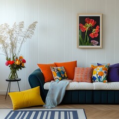  Stylish sofa setup with bold cushions and fresh flowers, creating a cheerful and inviting atmosphere. Mock up poster frame. 