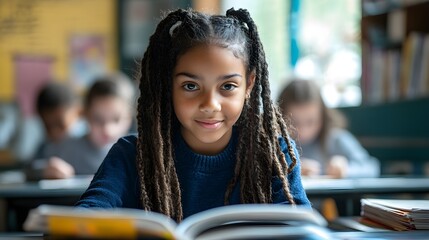 Black schoolgirl engaged in reading, sitting at her desk in an inclusive classroom, other children studying in background, educational diversity