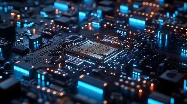 Close up shot of computer motherboard with many electronics components, chips and processors close up. Front computer technology and artificial intelligence background theme