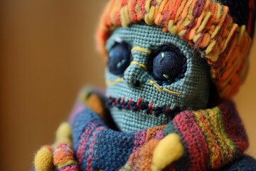 Obraz premium Colorful hand-knit skeleton doll wearing a vibrant scarf and hat, showcasing traditional craft and creativity in a cozy setting. Generative AI