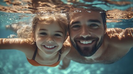 Candid father and daughter swimming happily in a waterpark, enjoying their summer vacation. Realism, bright and vivid colors, high detail, motion of water, sunlight reflections