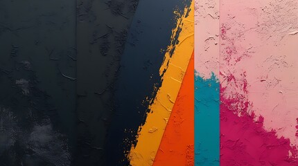 Abstract painting with textured matte black on the left and a colorful gradient of pink, red, and orange on the right, ideal for modern and expressive settings.
