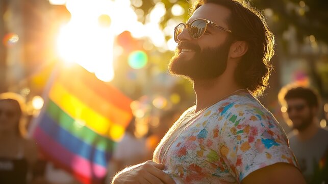 Candid moment of a pregnant transgender man at a pride event, proudly holding his stomach, with a rainbow flag in the background, sunlight casting a warm glow