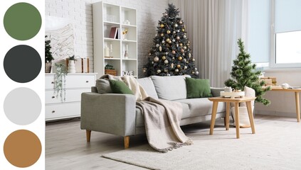 Stylish interior of modern living room with beautiful Christmas trees. Different color pattern