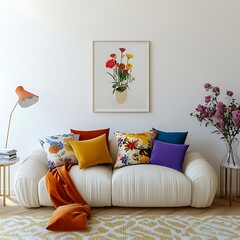  Stylish sofa setup with bold cushions and fresh flowers, creating a cheerful and inviting atmosphere. Mock up poster frame. 