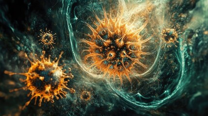Abstract depiction of diseases or viruses spreading in swirling patterns, forming a captivating visual display on a dynamic background