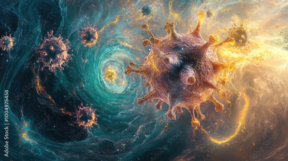 Poster abstract swirling shapes of viruses forming a captivating pattern, representing the spread of diseas