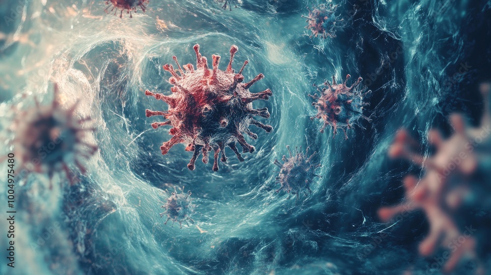 Poster abstract swirling shapes of viruses forming a captivating pattern, representing the spread of diseas