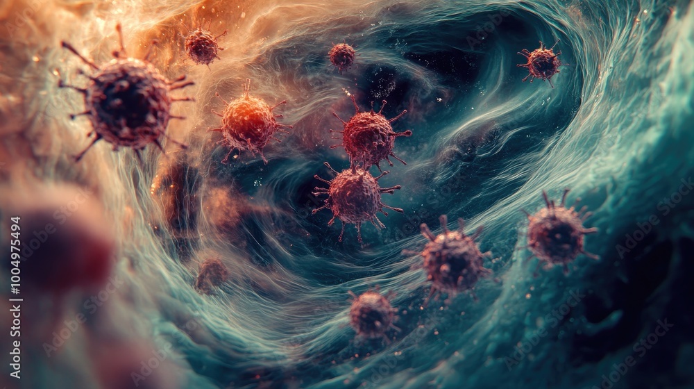 Poster abstract swirling shapes of viruses forming a captivating pattern, representing the spread of diseas