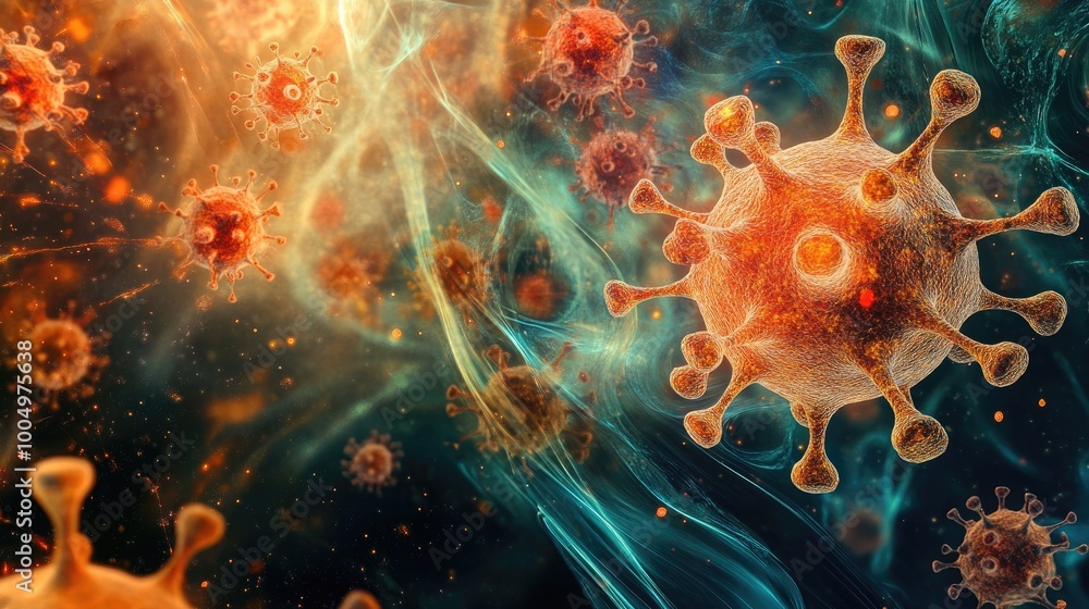 Poster mesmerizing abstract depiction of diseases or viruses in motion, creating a swirling pattern on a dy