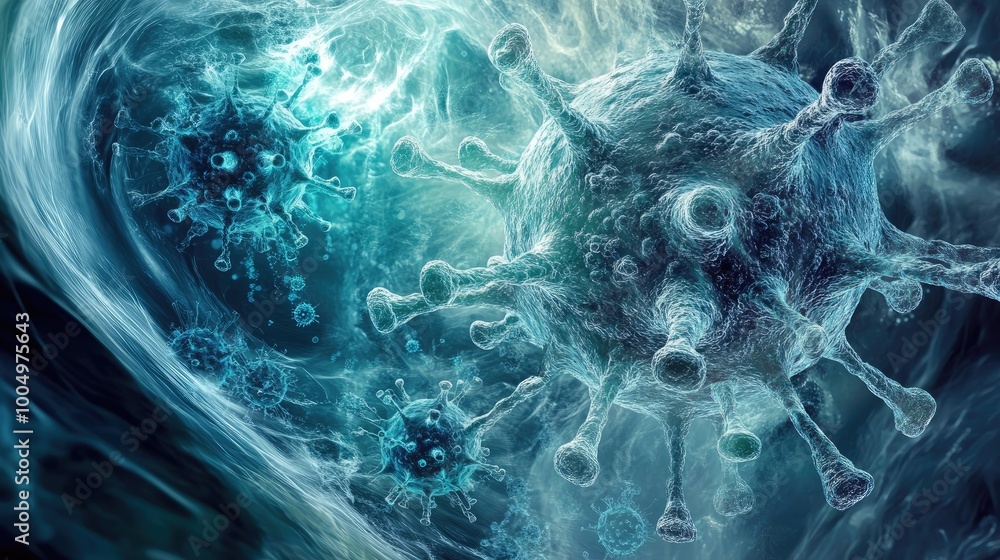 Poster mesmerizing abstract depiction of diseases or viruses in motion, creating a swirling pattern on a dy