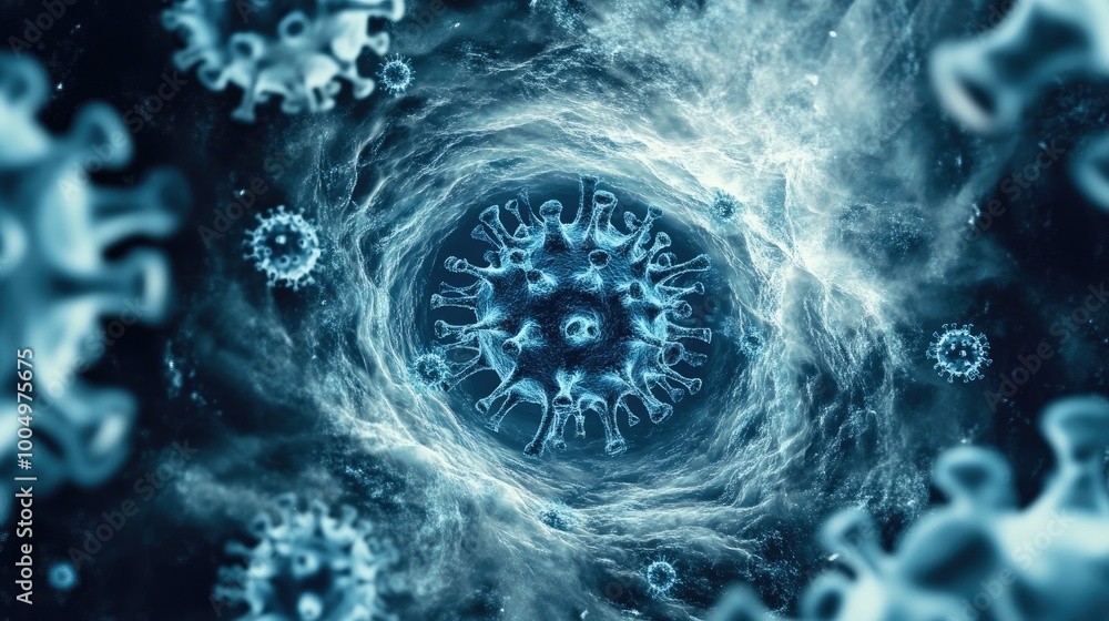 Poster mesmerizing abstract depiction of diseases or viruses in motion, creating a swirling pattern on a dy