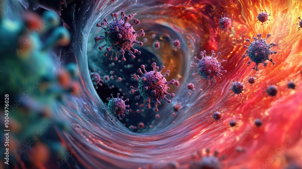 Poster mesmerizing abstract representation of viral spread, with swirling shapes and patterns forming a dyn