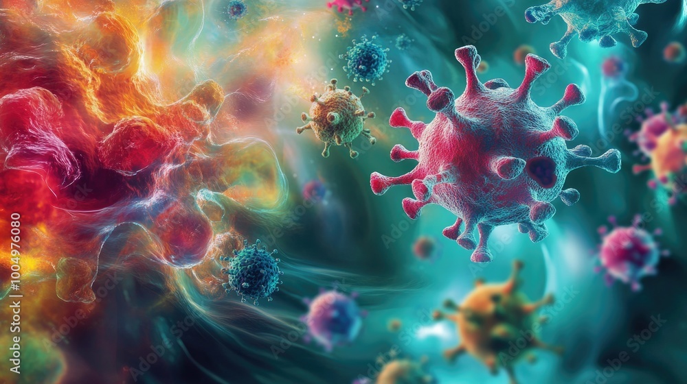 Poster mesmerizing abstract representation of viral spread, with swirling shapes and patterns forming a dyn