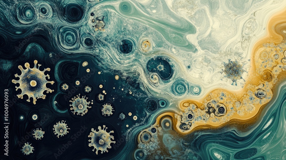 Poster mesmerizing abstract representation of viral spread, with swirling shapes and patterns forming a dyn