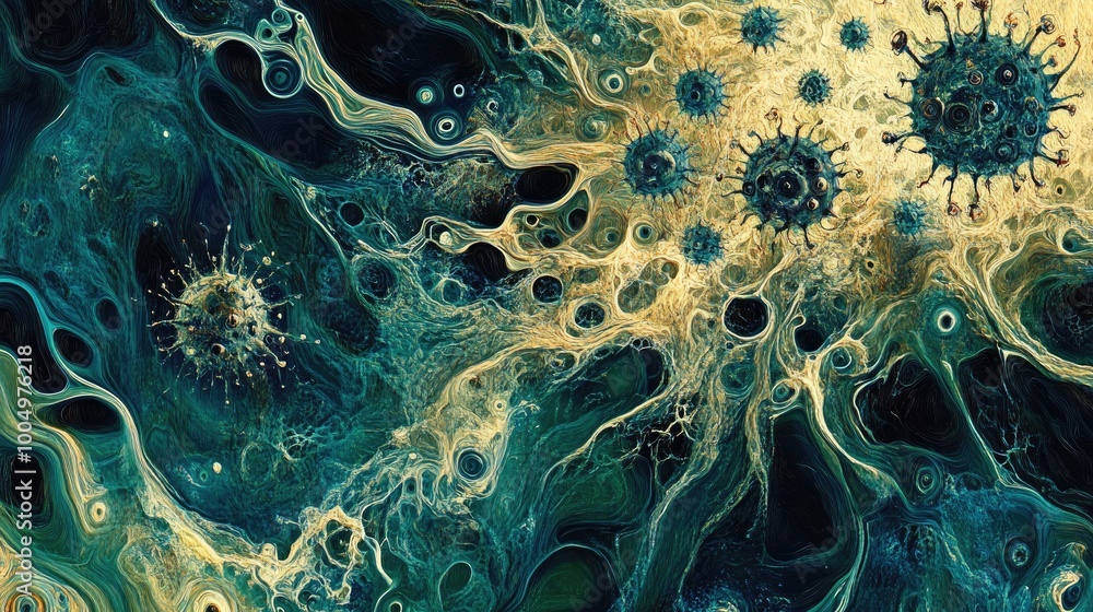 Poster stunning abstract pattern of viruses swirling in motion, set against a dynamic background, creating 