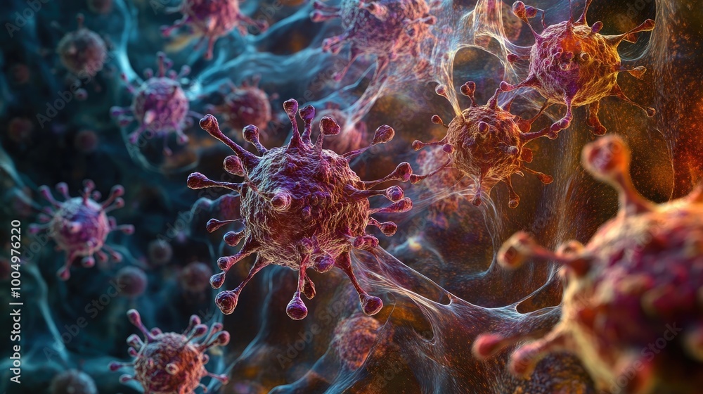 Poster stunning abstract pattern of viruses swirling in motion, set against a dynamic background, creating 