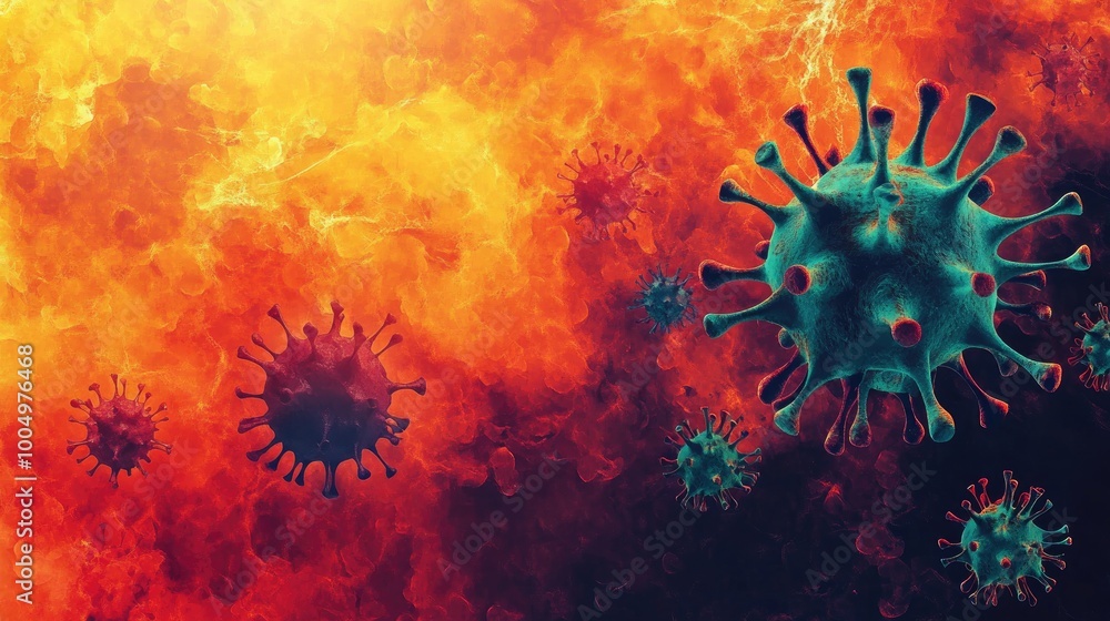 Poster swirling abstract shapes representing diseases or viruses, forming a stunning dynamic pattern on a v