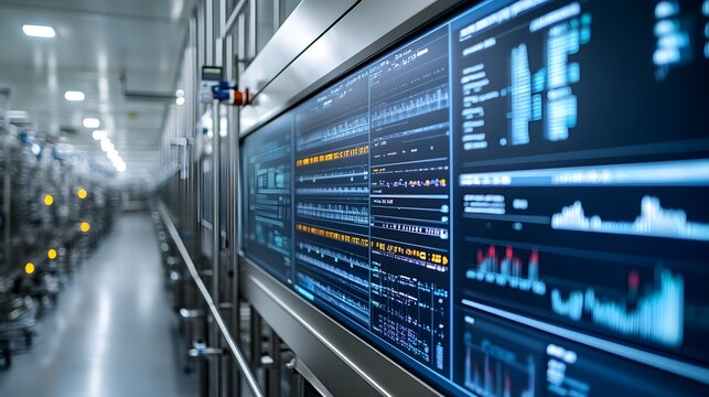 A vibrant digital dashboard in a modern factory, live feeds from AI-powered food quality systems, temperature and safety readouts in real time