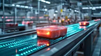 Fototapeta premium A sleek, high-tech quality control station with electromagnetic sensors examining food containers on a conveyor belt, glowing data streams indicating safety levels