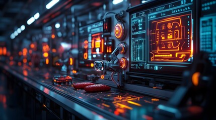 Fototapeta premium Robots in a high-tech food processing factory, scanning food with precision lasers, futuristic holographic displays in the background, Neon lighting, 3D, Sci-fi