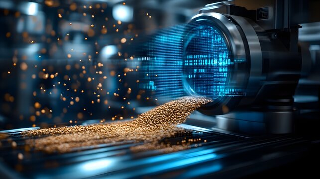Robotic scanner detecting impurities in grains, with augmented reality holographic overlays showing data, cyberpunk aesthetic, cool blue tones, minimalistic digital art, wide-angle shot