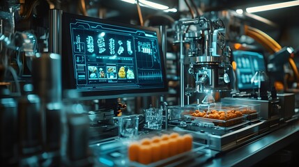 Naklejka premium AI-controlled food production line, glowing holograms showing real-time data, industrial steampunk machines blending food, metallic and copper tones, Sci-Fi