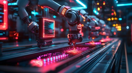 Robots and drones working in sync on a food processing line, holographic panels showing real-time data analysis, bright neon lighting, futuristic tech factory, 3D style